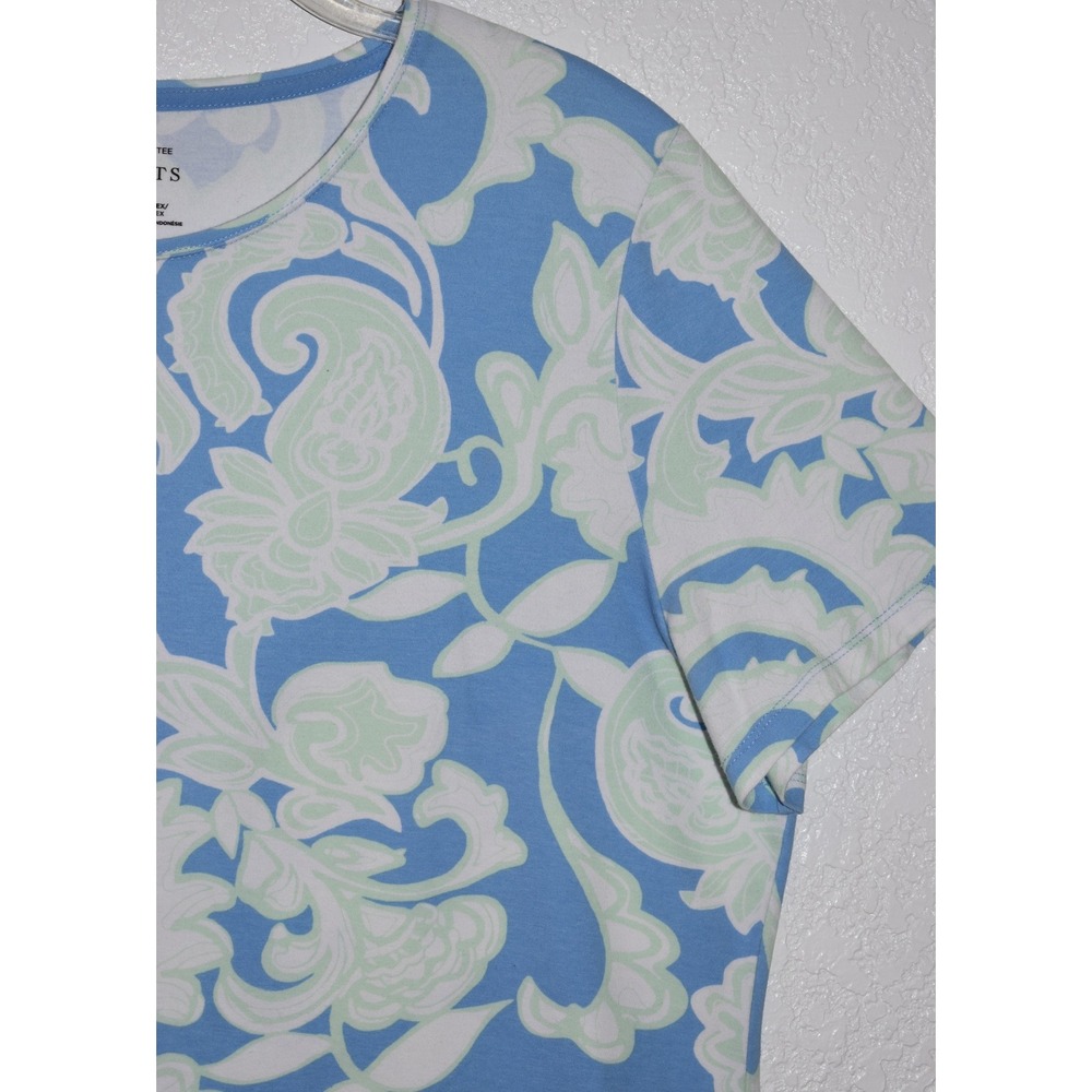 Talbots Tee XL Stretch Top Blue Mint Green Paisley Floral Short Slv Pullover - Picture 8 of 16